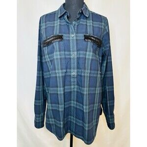 J. Crew Blue Green‎ Plaid Long Sleeve Shirt Beaded Pockets Women's SIZE 12